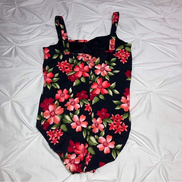 Lands End Sz 18 Colorful Black Red Floral Puckered Underwire Swim Suit Slimming - Picture 3 of 7
